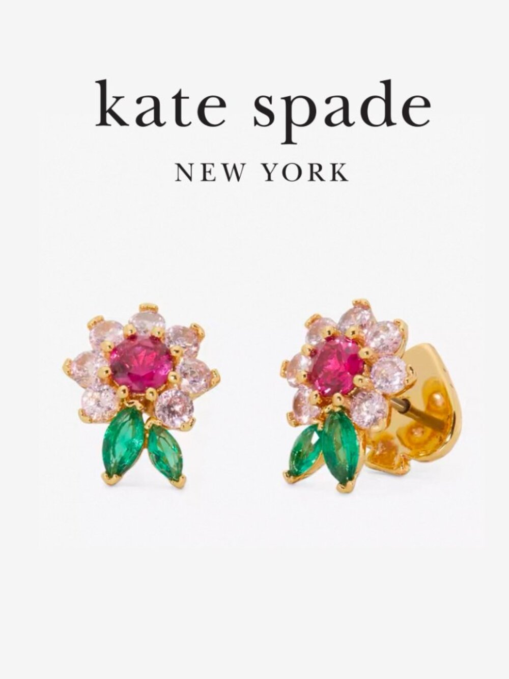Kate Spade Crystal Floral Stud Earrings Pink Green Gold Tone Flower Earrings